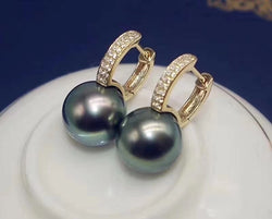 925 Sterling Silver Round 10mm Natural Fresh Water Green Black Pearl Drop Earrings