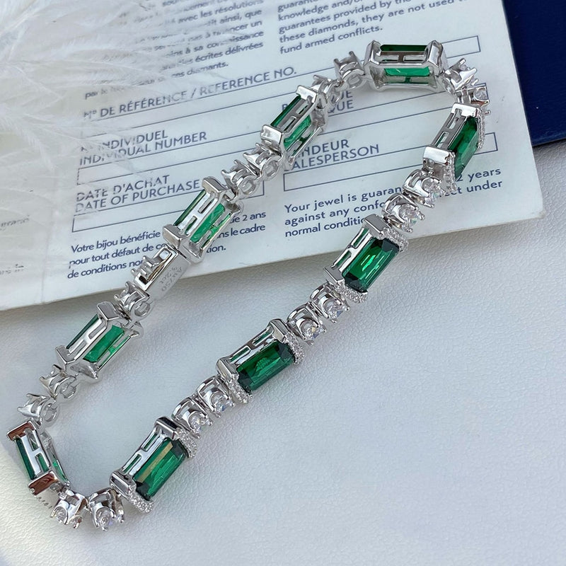 Luomansi Solid S925 Sterling Silver AU750 18K Gold Emerald High Carbon Diamond Bracelet 17CM Jewelry Woman Memorial Gift