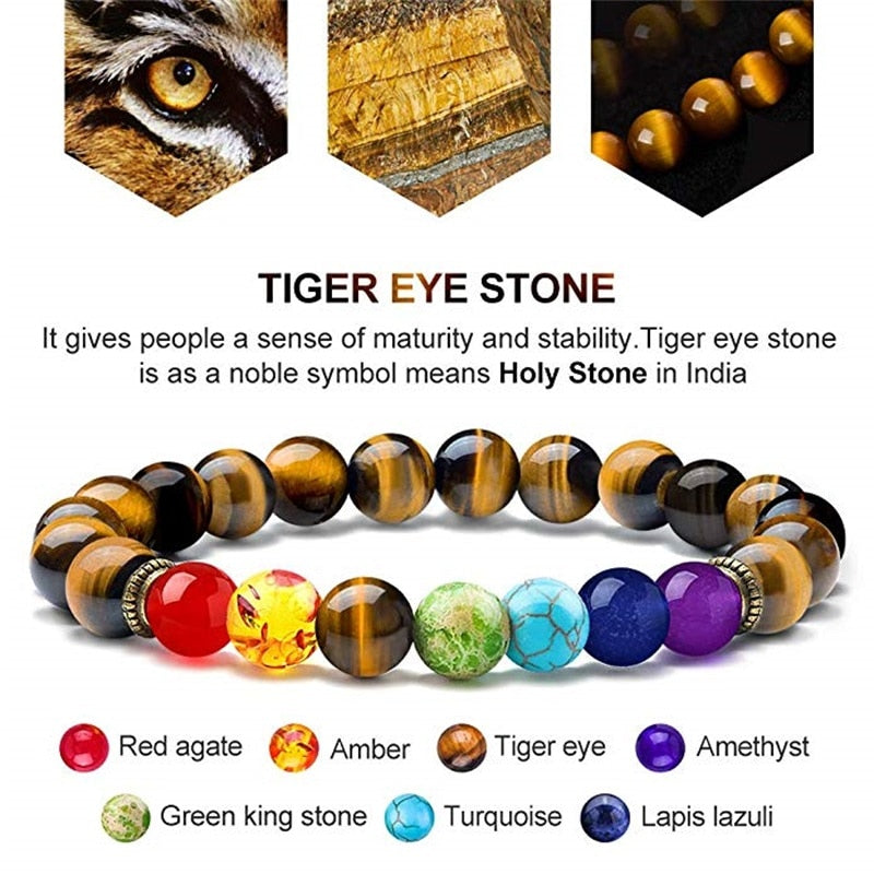 Natural Stone 7 Chakra Tiger Eye Beads Bracelet for Men Women