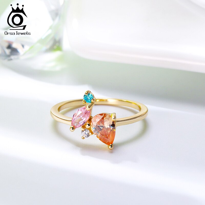 ORSA JEWELS 925 Sterling Silver 18K Gold Plated Various Shapes Multi-colored Zircon Ring