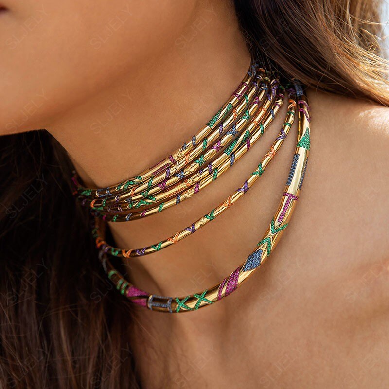 SLJELY Pure 925 Sterling Silver Luxury Yellow Gold Color Colorful Zircon Geometric Shaped Tribal Choker
