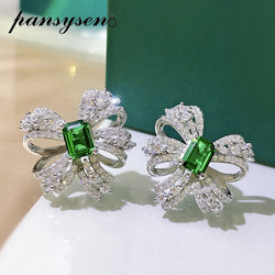 PANSYSEN 925 Sterling Silver Bowknot Created Moissanite Emerald Gemstone Womens Stud Earrings 18K White Gold Color Fine Jewelry