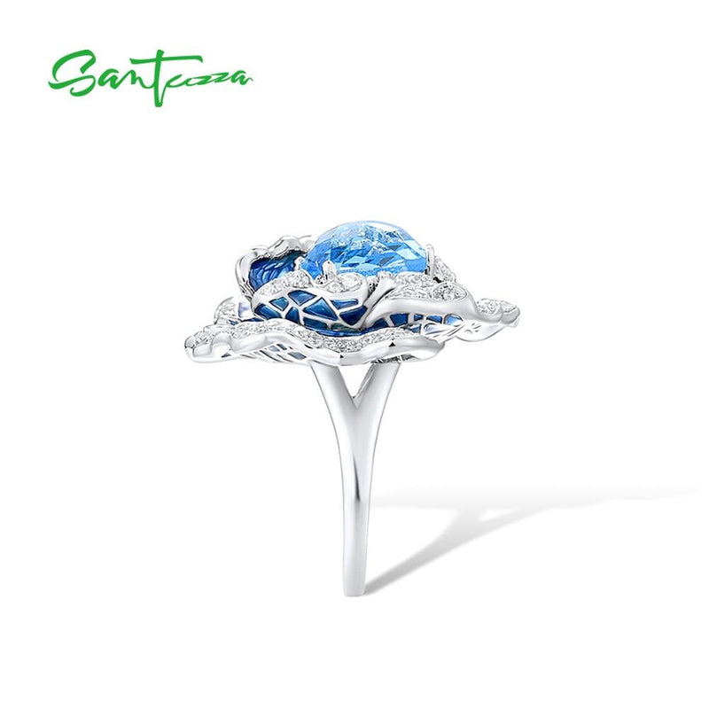 Sterling Silver Blue Flower Enamel Ring for Women