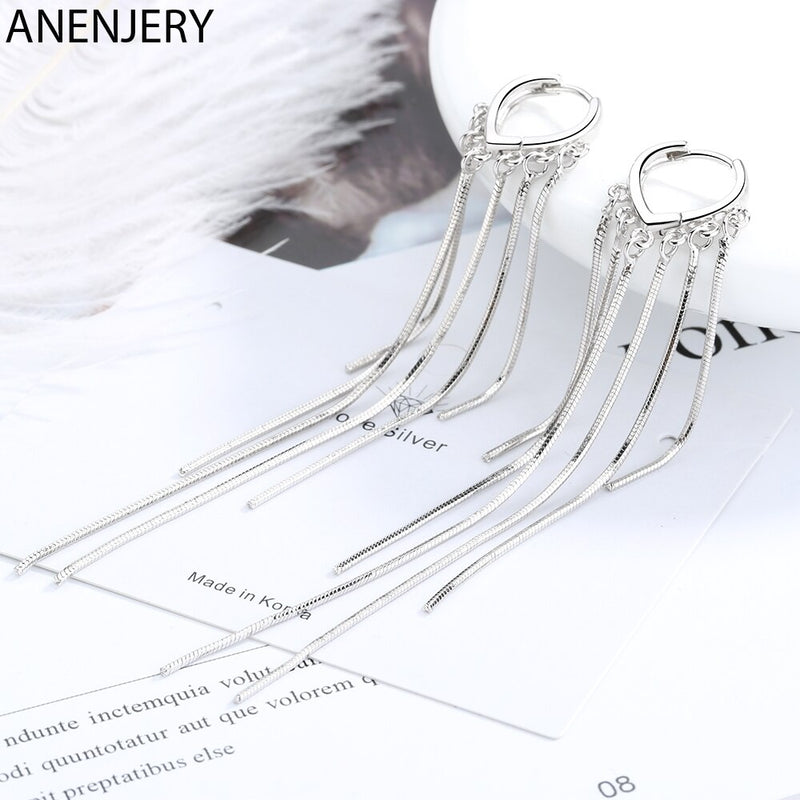 ANENJERY 925 Sterling Silver Long Handmade Chain Tassel Hoop Earrings