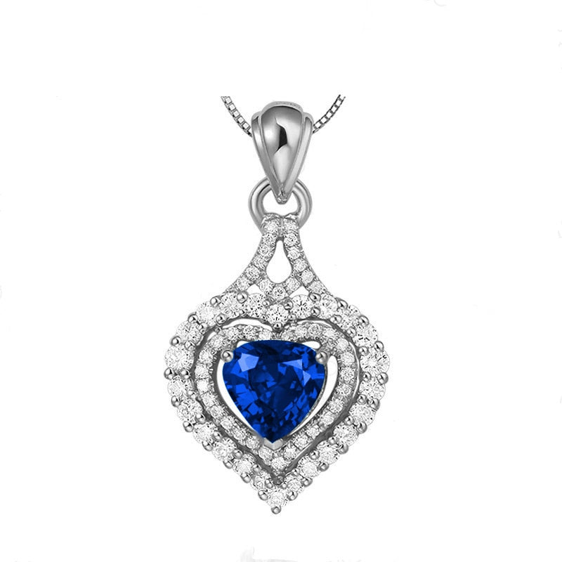 BIJOX STORY Elegant Heart-shaped Emerald Sapphire Pendant Necklace in 925 Sterling Silver