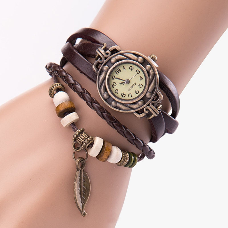 Womens Watch Girl Vintage Bracelet Wristwatches Leaf Pendant Coffee Elegant Woman Watch Montre Femme Acier Inoxydable