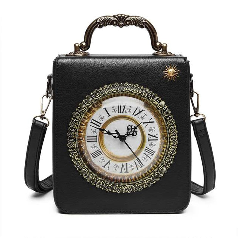 Goldtone Faux Leather Shoulder Bag with Alarm Clock for Women