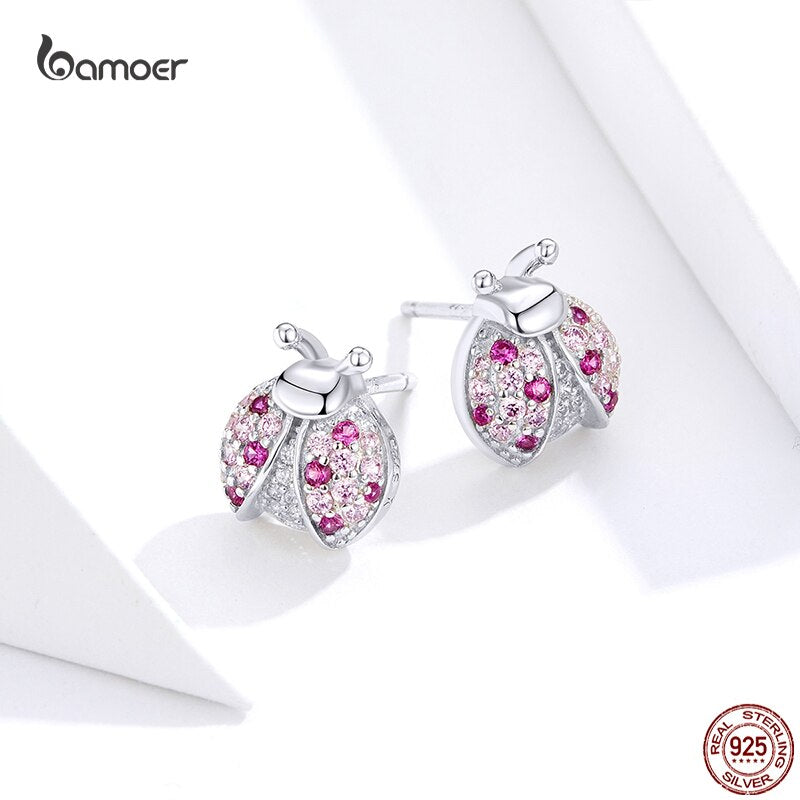 Sterling Silver Pink Ladybug Stud Earrings for Women