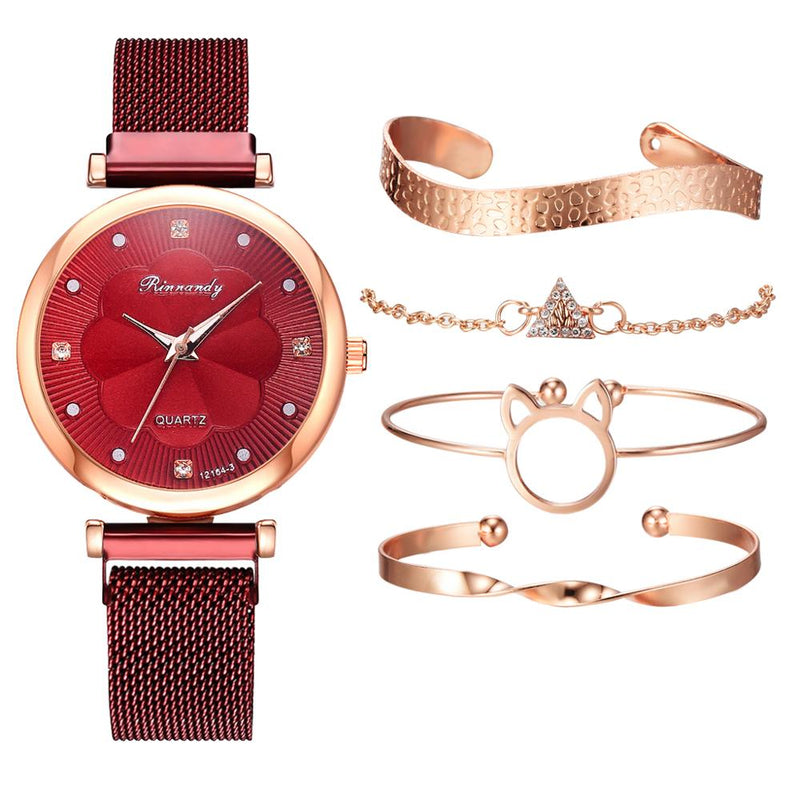 Stainless Steel Rhinestone Flower Watch Set for Women