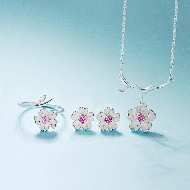 Sterling Silver Cherry Blossom Flower Jewelry Sets for Women