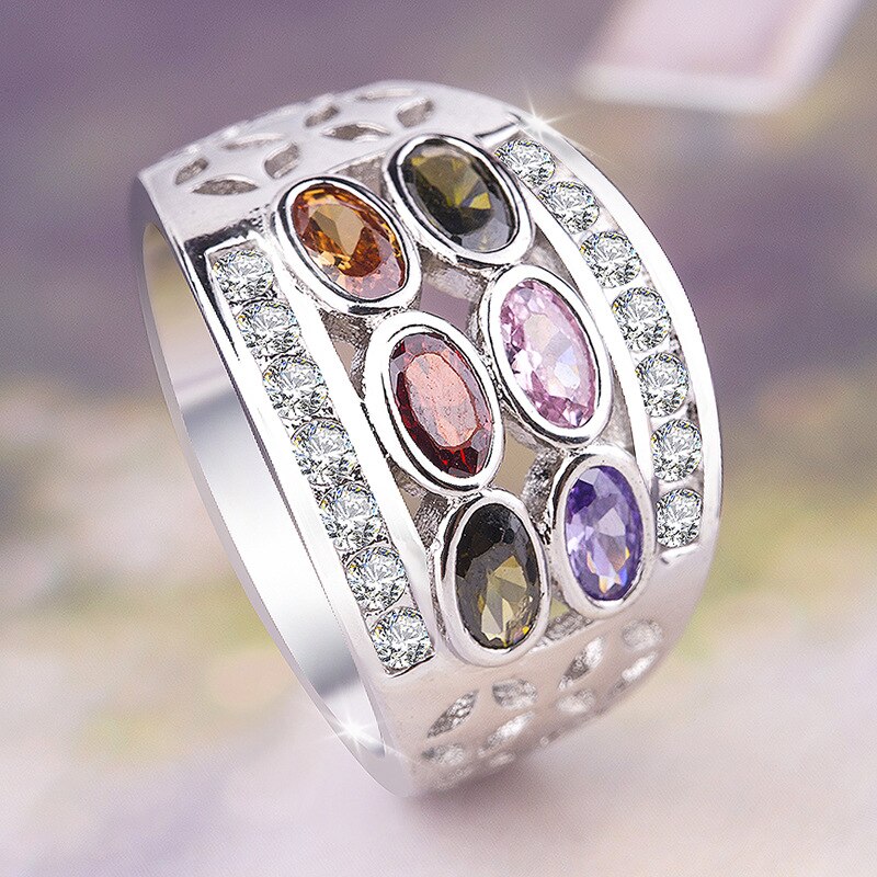 925 Sterling Silver Austrian Bohemian 6 Colour Rainbow Zircon Crystal Ring