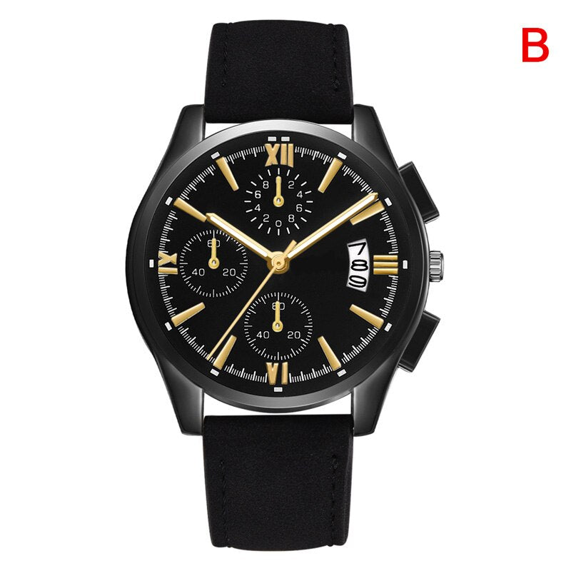 Men Quartz Watch Classic PU Leather Strap Three Eyes Round Dial Business Watches A66