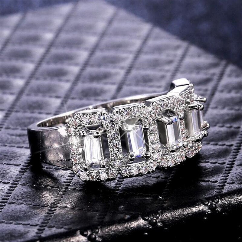 2021 Cocktail Fashion Jewelry 925 Sterling Silver Emerald Cut CZ Diamond Promise Women Wedding Engagement Band Ring Gift