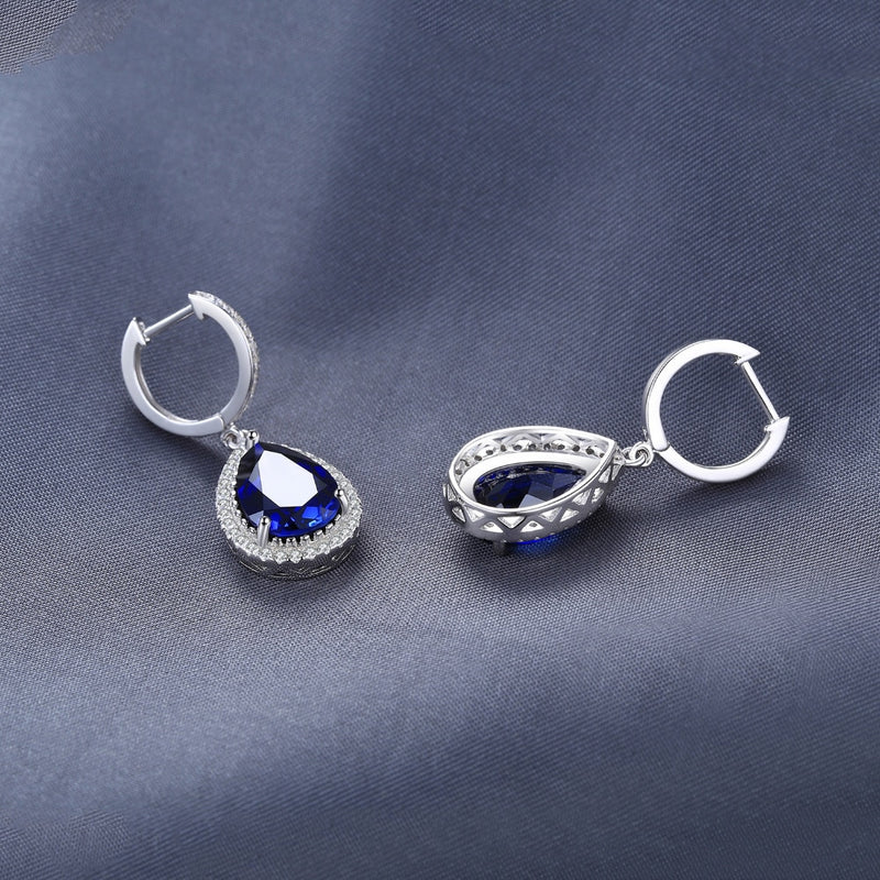 925 Sterling Silver Pear Created Blue Sapphire Dangle Earrings for Women