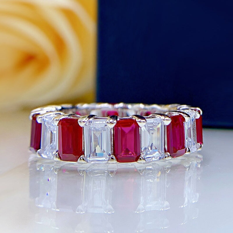 925 Sterling Silver Ruby Emerald Diamond Eternity Band Ring for Women