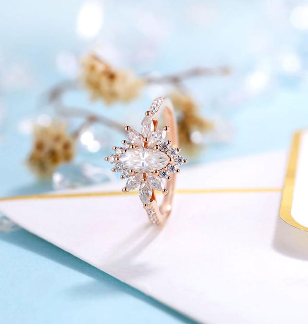 14K Rose Gold Marquise Cut Moissanite Halo Ring for Women