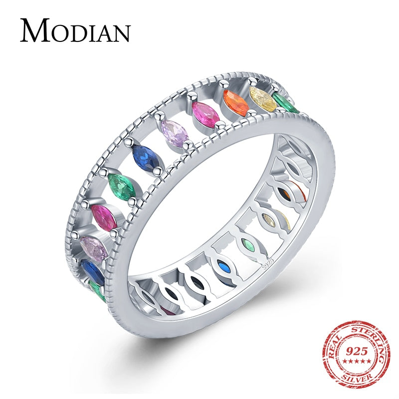 Sterling Silver Rainbow Stackable Dazzling Rhombus Crystal Rings for Women