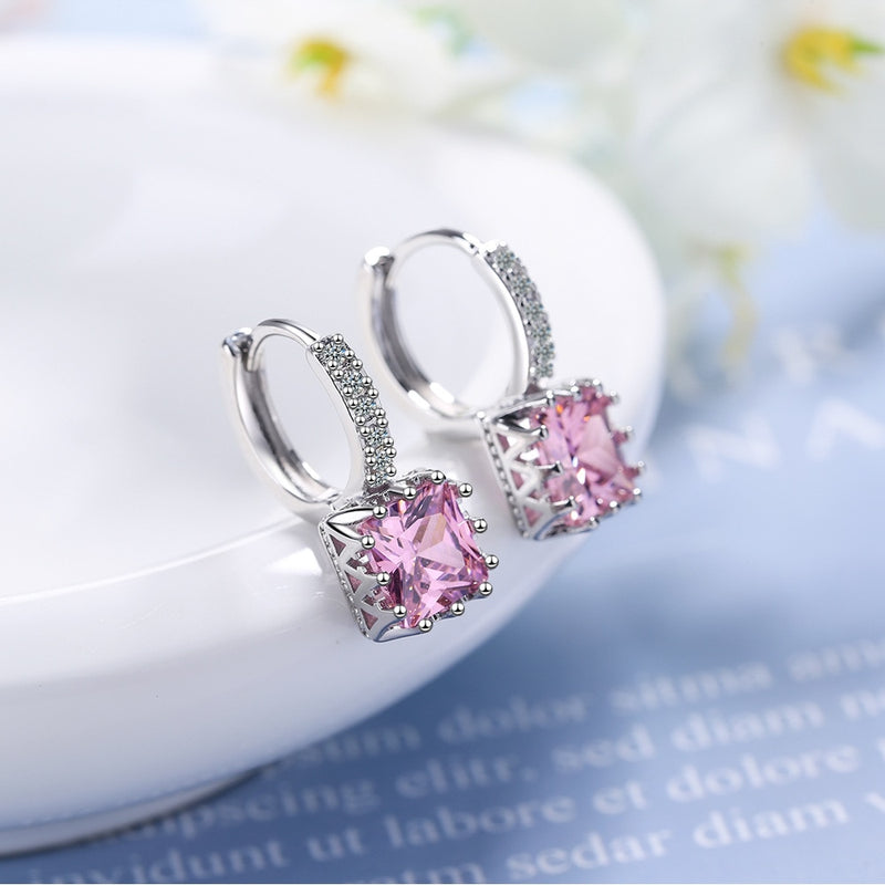Fanqieliu Square Pink Crystal Luxury Jewelry Dangle Solid 925 Sterling Silver Drop Earrings For Women FQL21014