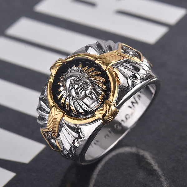 Black Enamel Indian Chief Carving Hip Hop Rings for Men