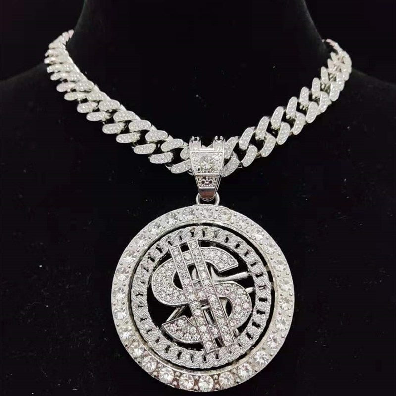 Silver Iced Out Bling Rotatable Dollar Pendant Necklace with 13mm Crystal Cuban Chain for Men