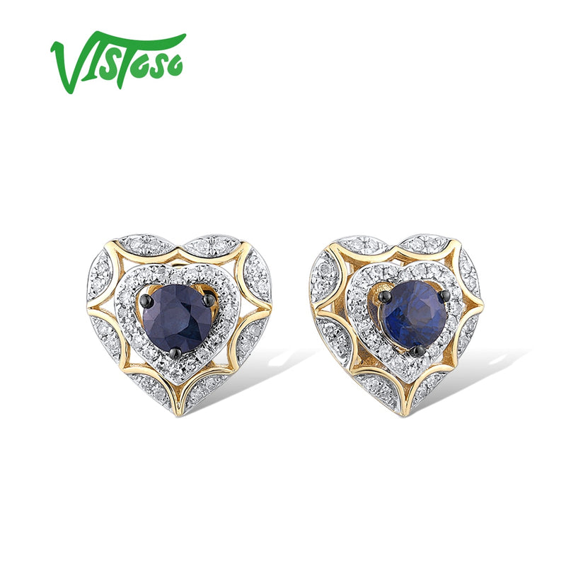 14K Yellow Gold Blue Sapphire Diamond Heart Stud Earrings for Women