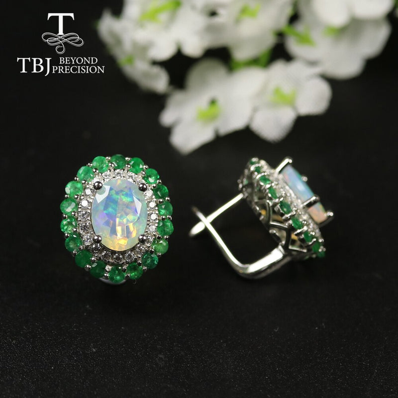 TBJ 925 Sterling Silver Natural Emerald Opal Clasp Earring