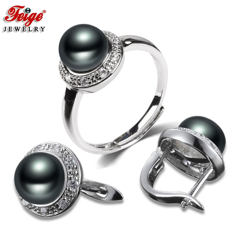 Sterling Silver Freshwater Cultured Pearl Hoop Earrings and Ring Set for Women