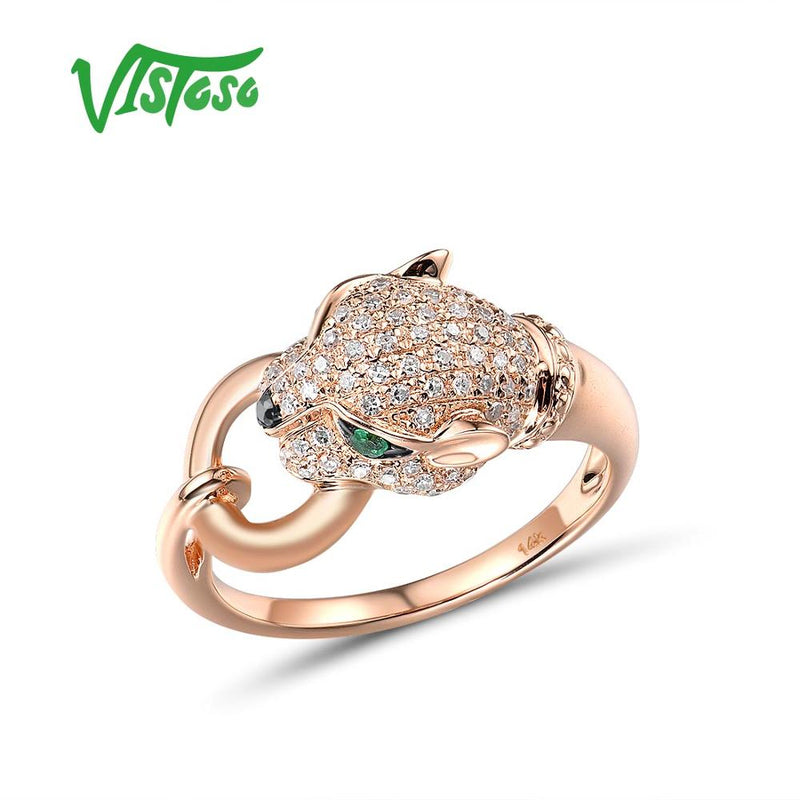VISTOSO Pure 14K 585 Rose Gold Leopard Emerald Sparkling Diamond Pendant Earrings & Ring Jewelry Set