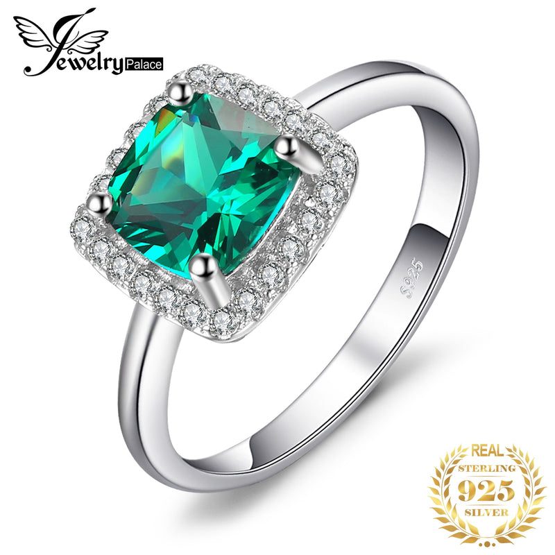 925 Silver Simulated Nano Emerald Halo Engagement Ring for Women