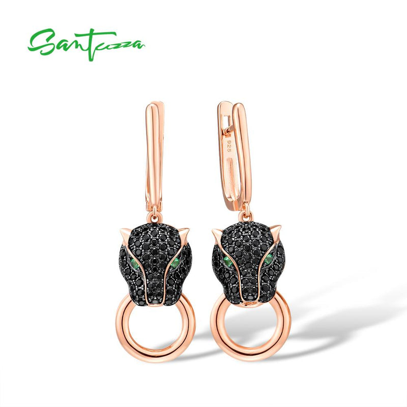 SANTUZZA Trendy Black Green Spinel Panther Ring Earrings & Pendant Jewelry Set 925 Sterling Silver