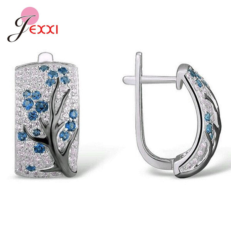 Ethnic 925 Sterling Silver Cubic Zirconia Tree Hoop Earrings