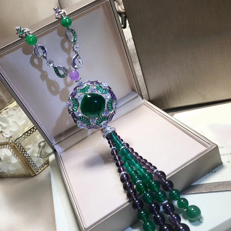 Brand Pure 925 Sterling Silver Banquet Pendant Green Crystal Tassel Bead Necklace