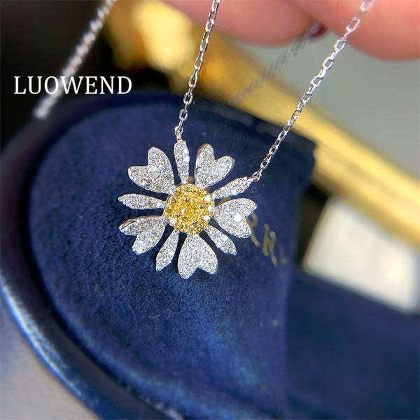 18K White Gold Yellow Diamond Chrysanthemum Pendant for Women