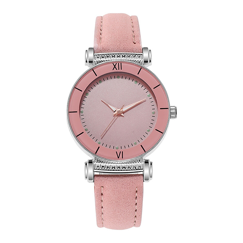 Stainless steel quartz watch with leather strap for women.