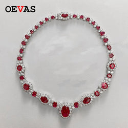 OEVAS 100% 925 Sterling Silver Lab Grown Ruby Bridal Necklace Sparkling Full High Carbon Diamond Wedding Party Fine Jewelry Gift
