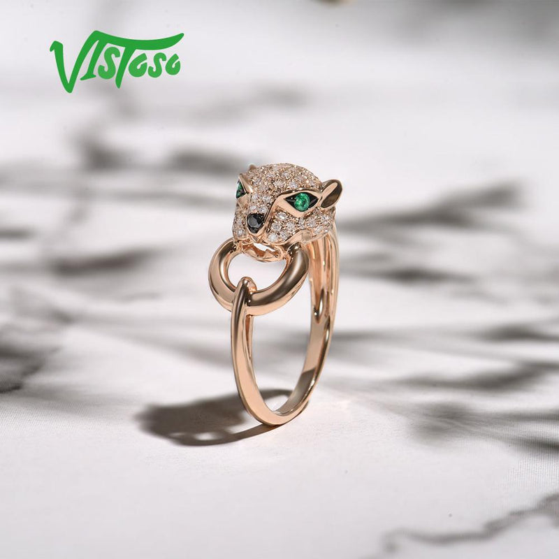 VISTOSO Genuine 14K 585 Rose Gold Leopard Emerald Diamond Ring