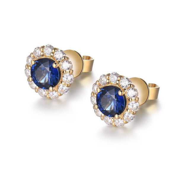 18KT Yellow Gold Sapphire Diamond Stud Earrings for Women