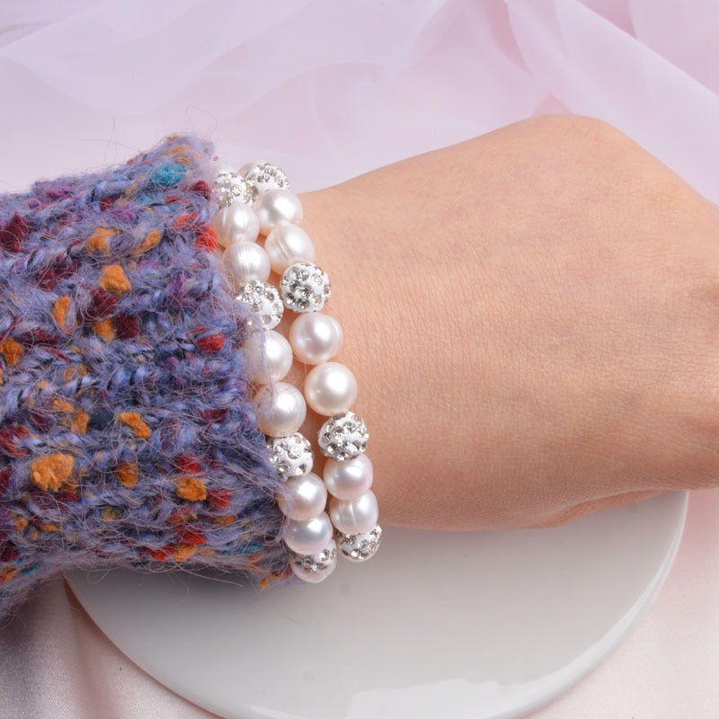 ASHIQI Genuine Natural Freshwater Pearls Bracelet with White Zircon Ball