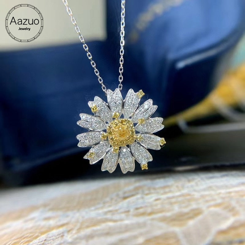 18K White Gold 1. [Real Yellow Diamond Flower Daisy Necklace] For Women