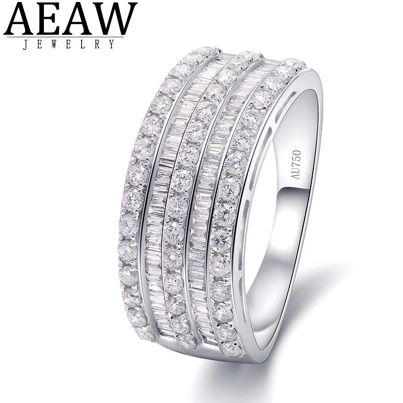 Solid 18K White Gold Natural Round Baguette Diamond Ring
