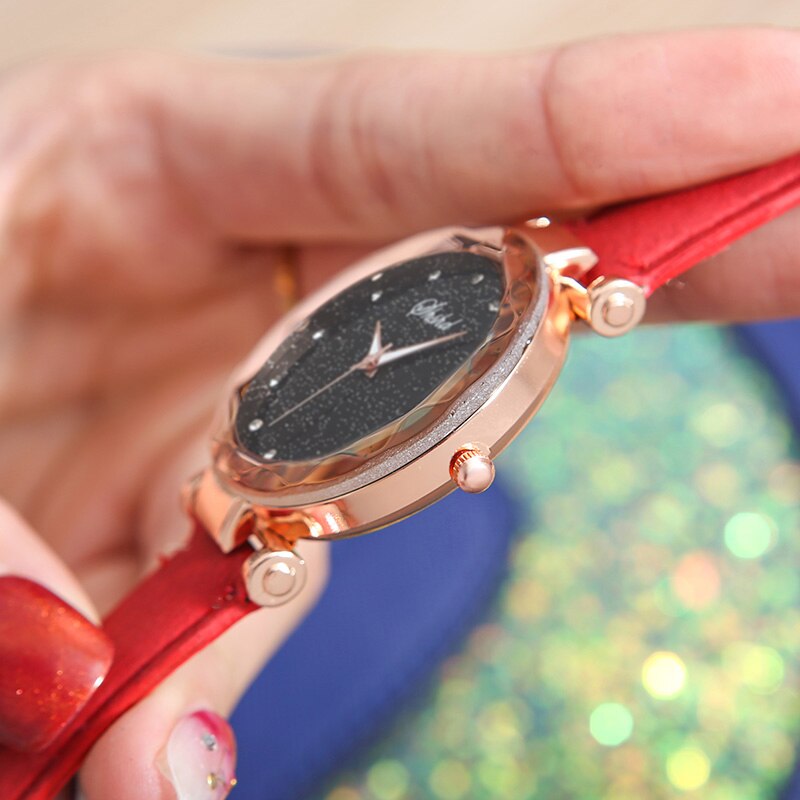 Stainless Steel Quartz Round Star Dial Watch with Perforated Frosted Strap for Women