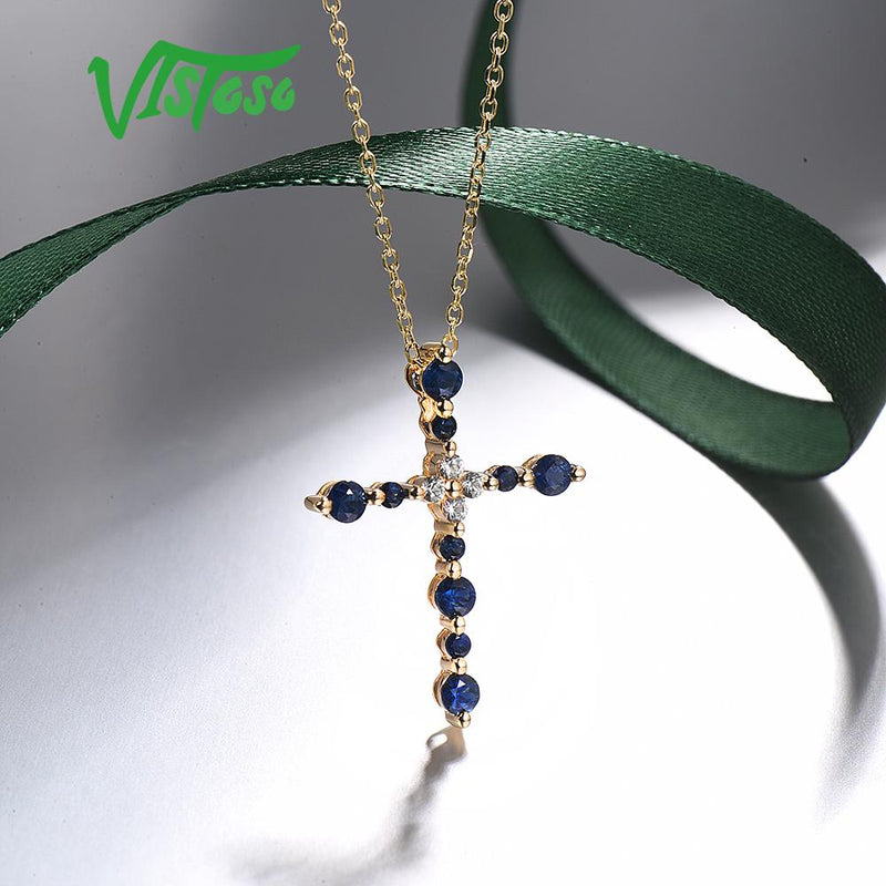 14K Yellow Gold Blue Sapphire White Sapphire Cross Pendant for Women