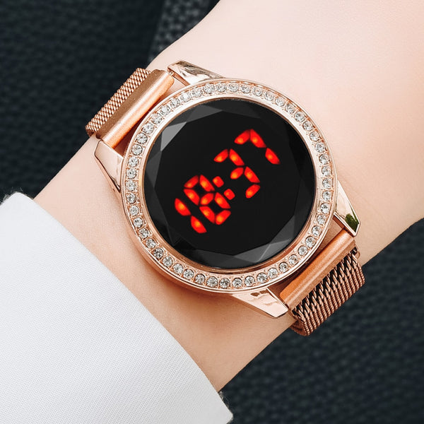 Fashion Touch Screen Magnetic Mesh Strap Ladies Electronic Wristwatch