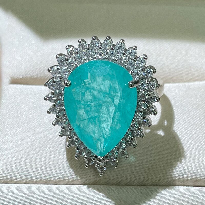 Bague Ringen Luxury 925 Sterling Silver Ring With Water Drop Shape Paraiba Tourmaline Gemstone For Charm Lady  silver jewelry
