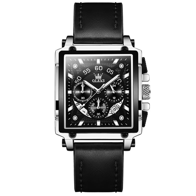 Silver Leather Strap Square Quartz Watch for Men