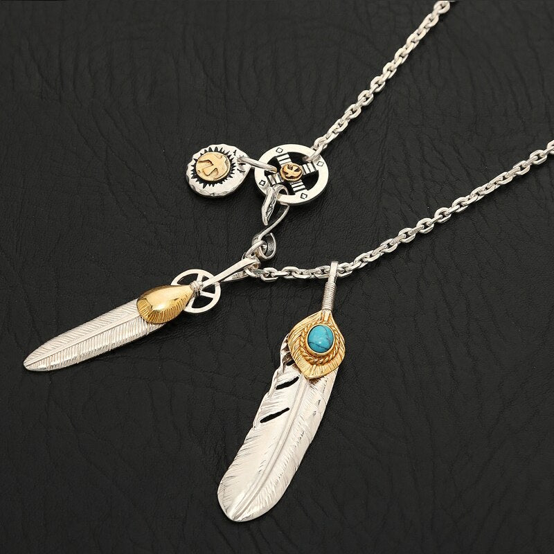 925 Sterling Silver Takahashi Goro Feather Retro Long Chain Blue Turquoise Pendant Necklace