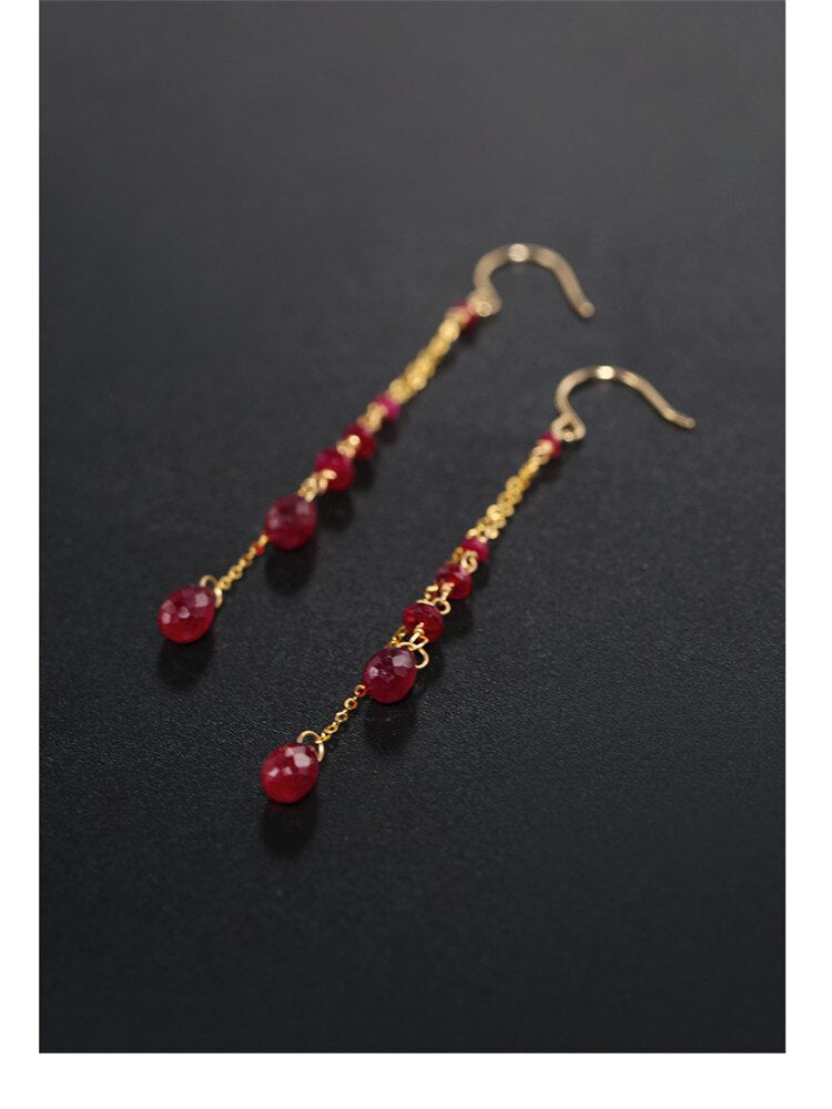 DAIMI Genuine Yellow 18K Gold Faceted Waterdrop Ruby Long Earrings
