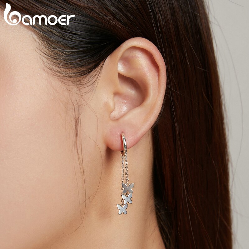 Sterling Silver Tassel Butterfly Drop Earrings for Women