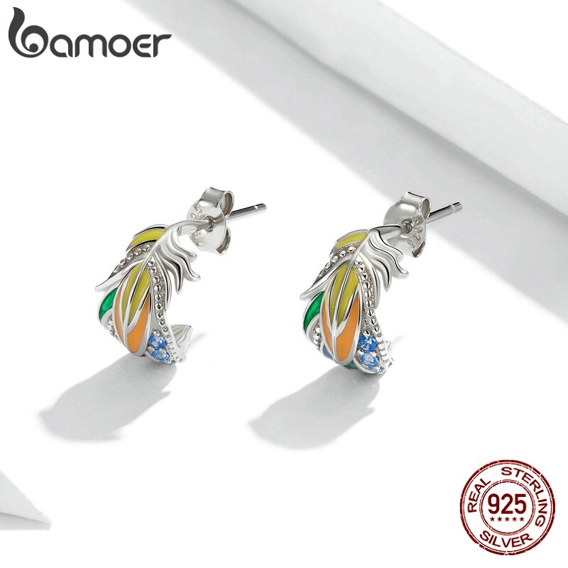 925 Sterling Silver Colored Feather Stud Earrings for Women