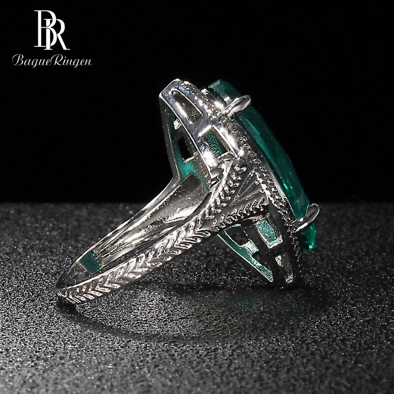 Bague Ringen 925 Sterling Silver Delicate Green Emerald Olive Shape Ring
